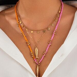 New! Gold Layered Fish Pink Orange Necklace